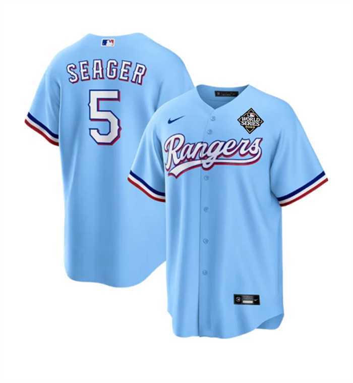 Mens Texas Rangers #5 Corey Seager Blue 2023 World Series Stitched Baseball Jersey Dzhi->texas rangers->MLB Jersey